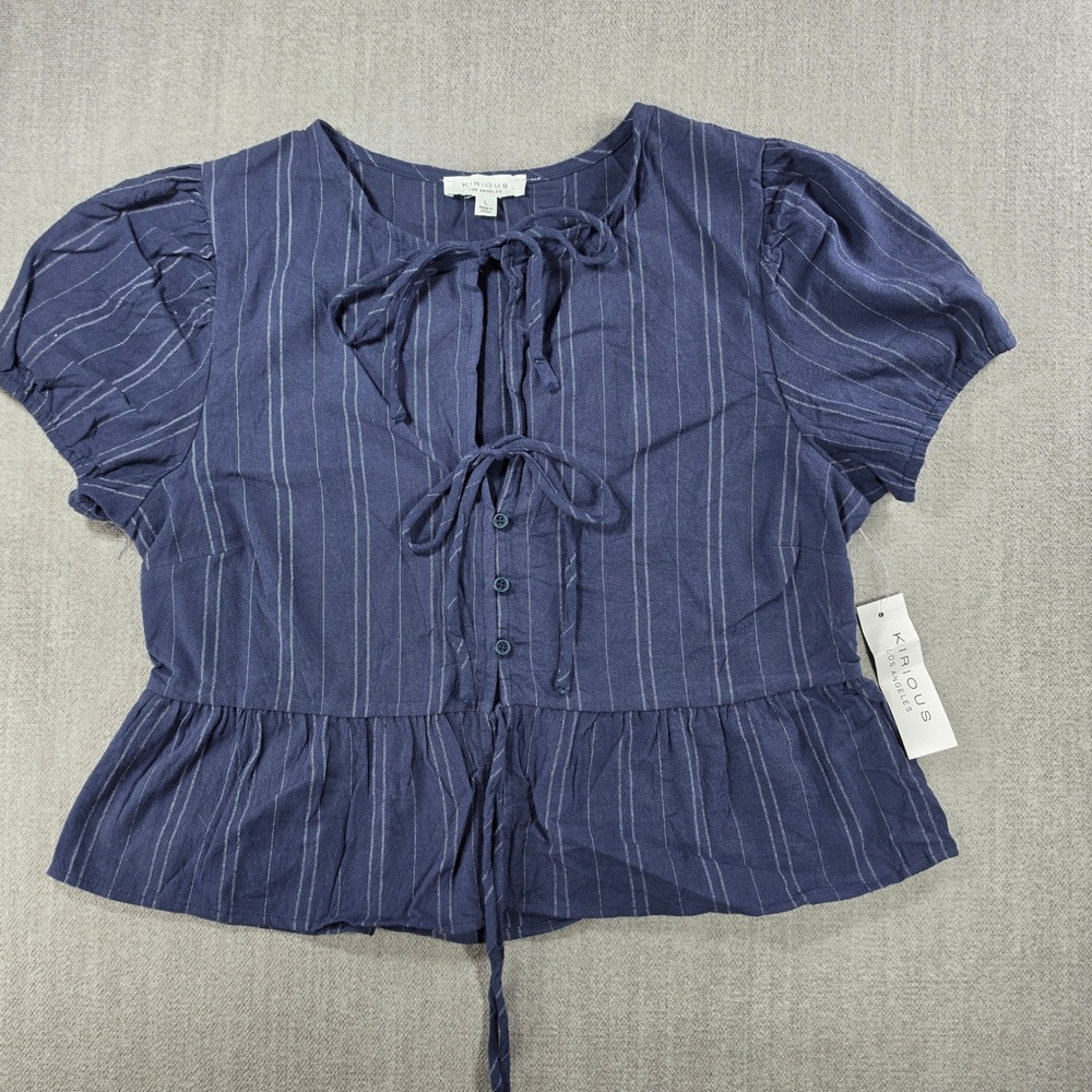 Kirious Peplum Top Women Large Blue Pinstripe Puff Sleeve Tie Front Button Up